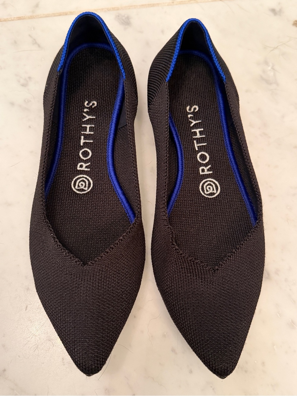 Rothy's Black Pointed Knit Flats with Blue Trim
